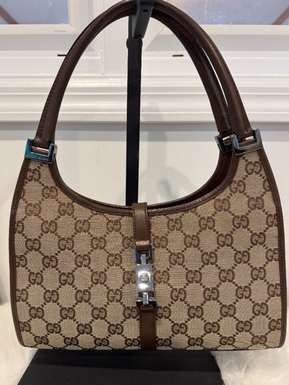 Vintage Gucci Jackie Bardot Shoulder Bag GG Monogram Canvas Brown